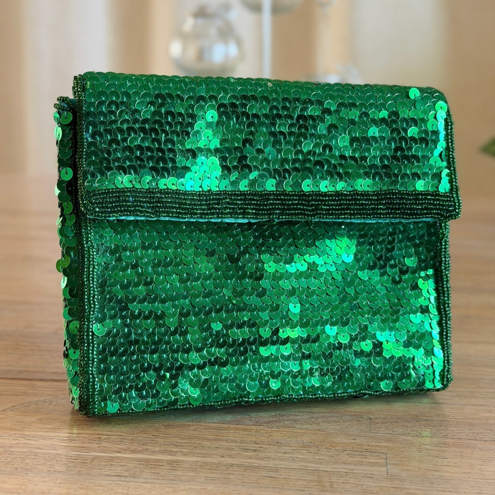 Vtg 90s Emerald Green Sequin Beaded Evening Clutch Crossbody Bag Mermaidcore